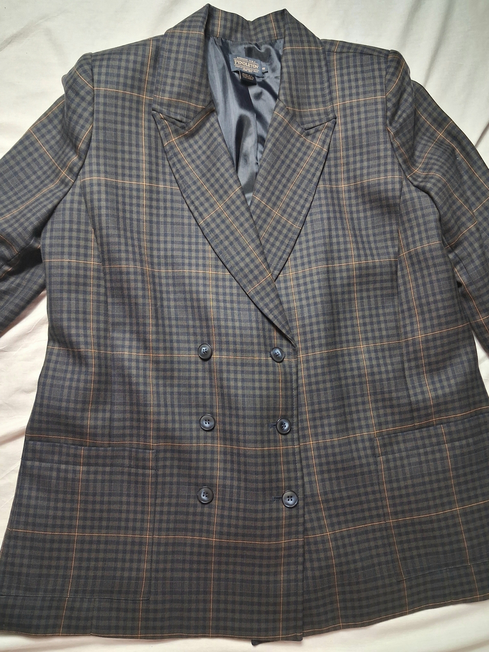 Pendleton Navy and Brown Plaid Double-Breasted Blazer